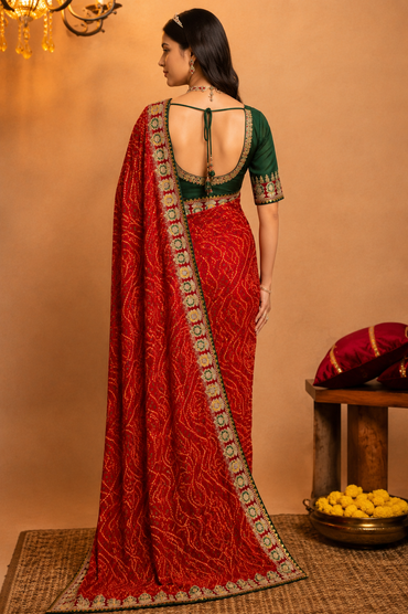 Traditional Red Georgette Bandhej Printed Saree with Designer Embroidered Border