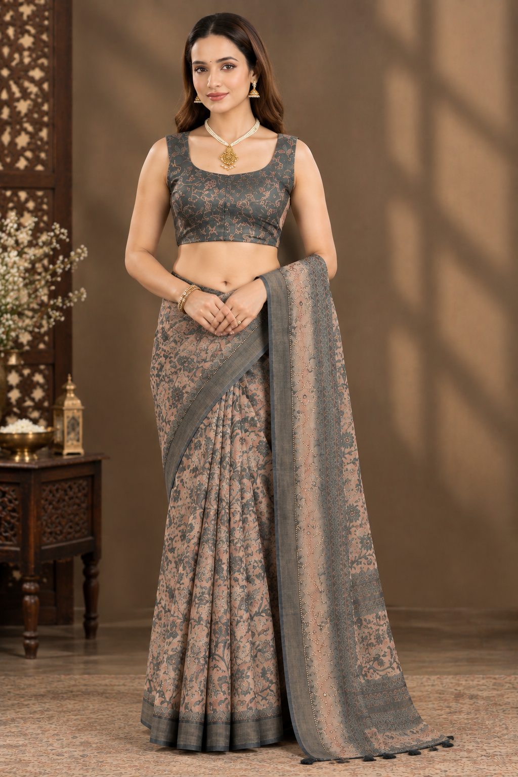 Sophisticated Grey & Beige Heavy Linen Cotton Saree with Kalamkari Printed Work
