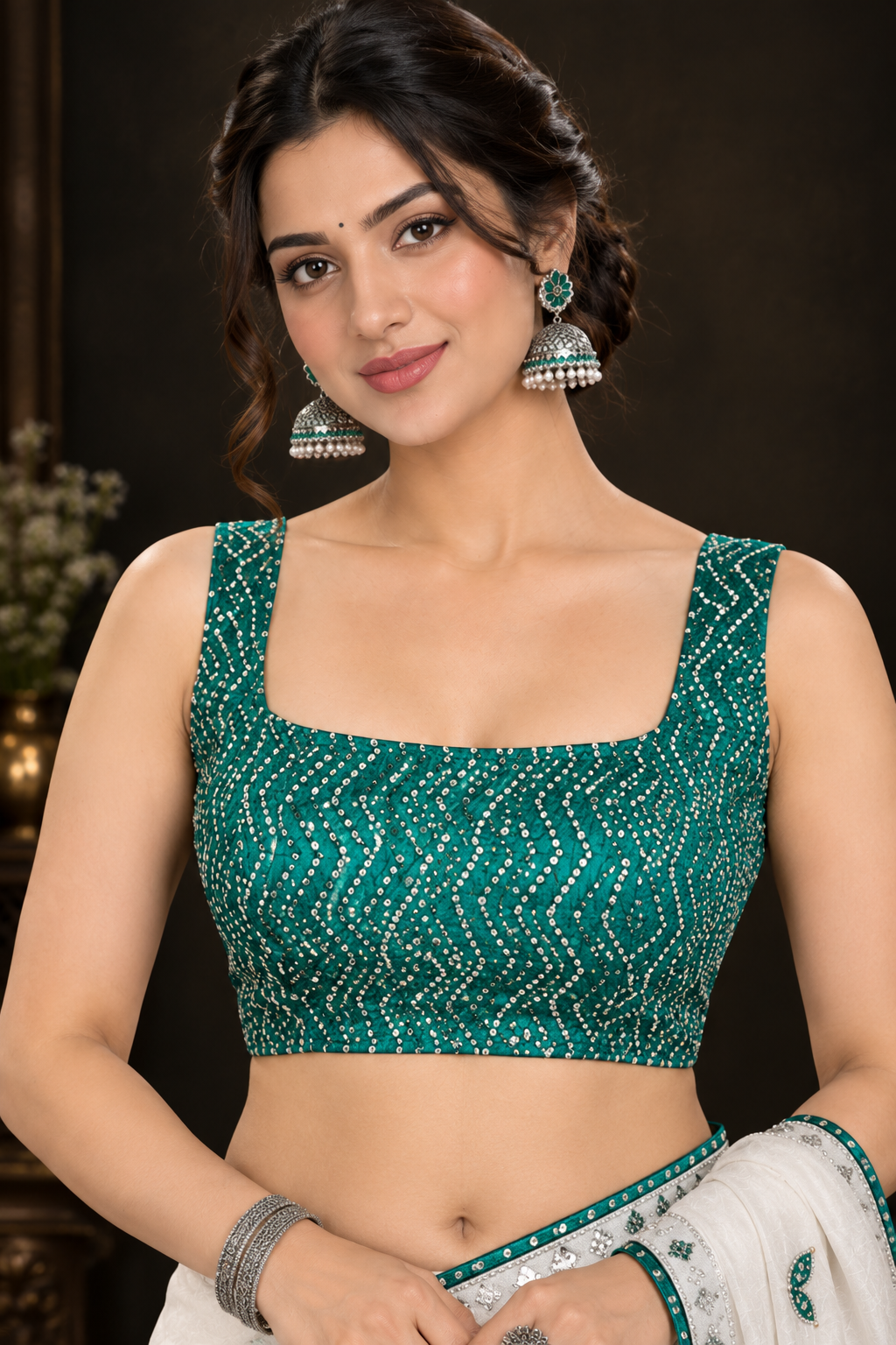 Elegant Off-White Soft Chinon Silk Saree with Teal Green Butterfly Motifs & Siroski Work