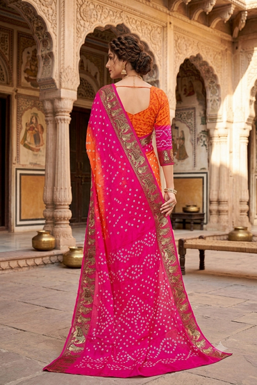 Vibrant Orange & Pink Dola Silk Bandhej Saree with Jacquard Elephant Border