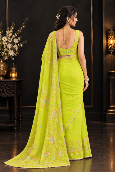 Lime Green Soft Georgette Saree with Delicate Pastel Floral Embroidery & Designer Border