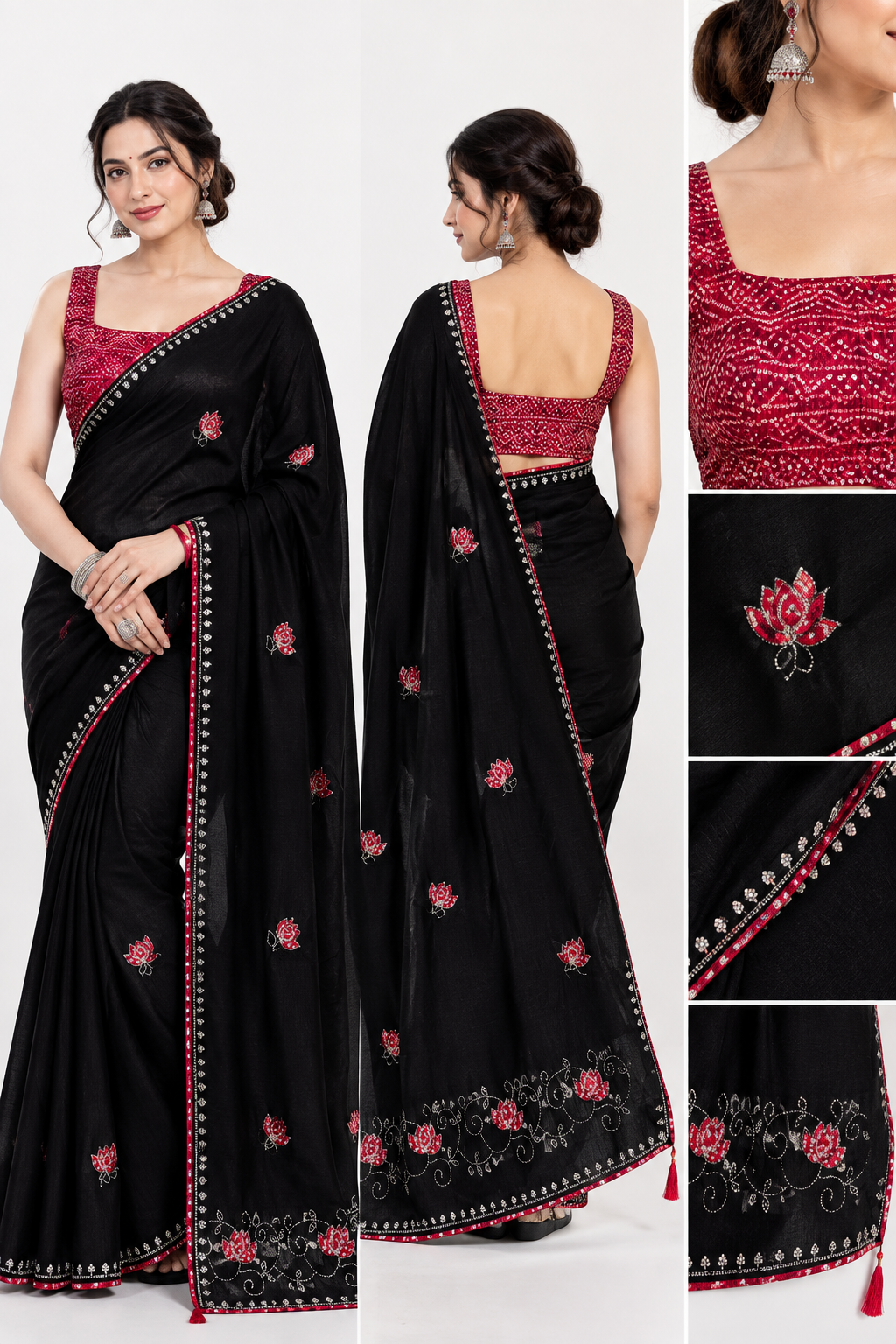 Elegant Black Soft Chinon Silk Saree with Red Lotus Motifs & Siroski Work