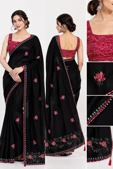 Elegant Black Soft Chinon Silk Saree with Red Lotus Motifs & Siroski Work