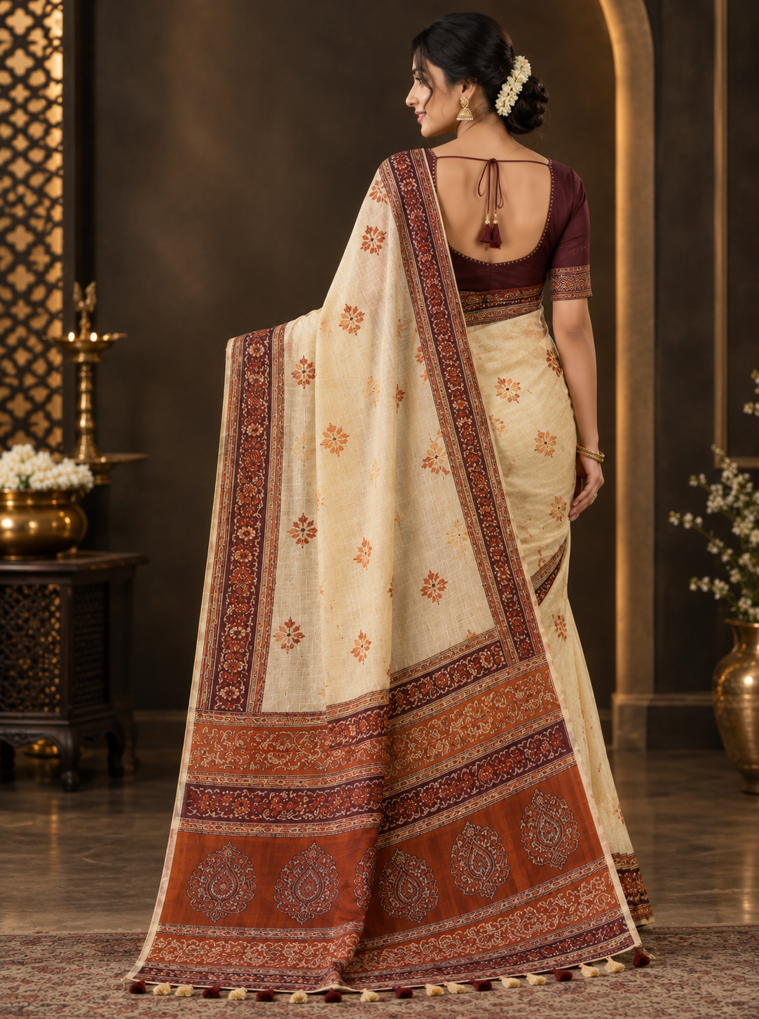 Elegant Off-White & Maroon Heavy Linen Cotton Saree with Traditional Printed Border