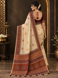 Elegant Off-White & Maroon Heavy Linen Cotton Saree with Traditional Printed Border