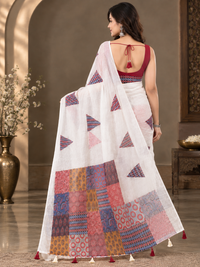 Elegant Pure White Heavy Linen Cotton Saree with Patchwork Printed Pallu & Geometric Accents