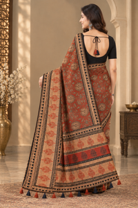 Ethnic Rust Brown Heavy Linen Cotton Saree with Kalamkari Printed Motif & Contrast Border