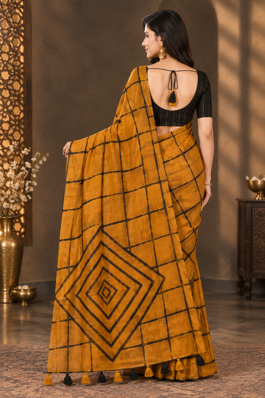 Contemporary Mustard Yellow Heavy Linen Cotton Saree with Geometric Check Pattern