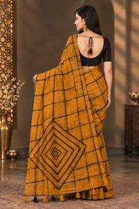 Contemporary Mustard Yellow Heavy Linen Cotton Saree with Geometric Check Pattern