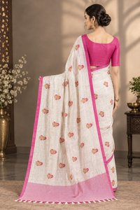 Graceful Off-White & Pink Heavy Linen Cotton Saree with Floral Printed Motifs