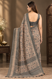 Sophisticated Grey & Beige Heavy Linen Cotton Saree with Kalamkari Printed Work