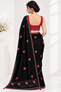 Elegant Black Soft Chinon Silk Saree with Red Lotus Motifs & Siroski Work