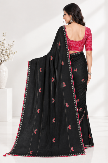 GORGEOUS BLACK SOFT CHINON SILK SAREE WITH RED BUTTERFLY MOTIFS & SIROSKI WORK