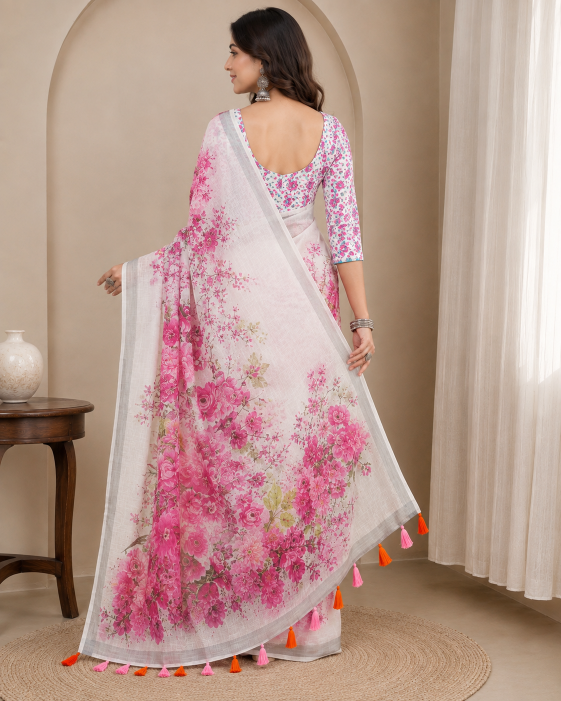 White & Pink Floral Printed Linen Cotton Saree with Zari Border & Pallu Tassels