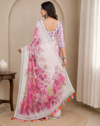 Party Wear Heavy Linen Cotton Designer Saree with Floral Digital Print, Printed Pallu & Tassel Latkans