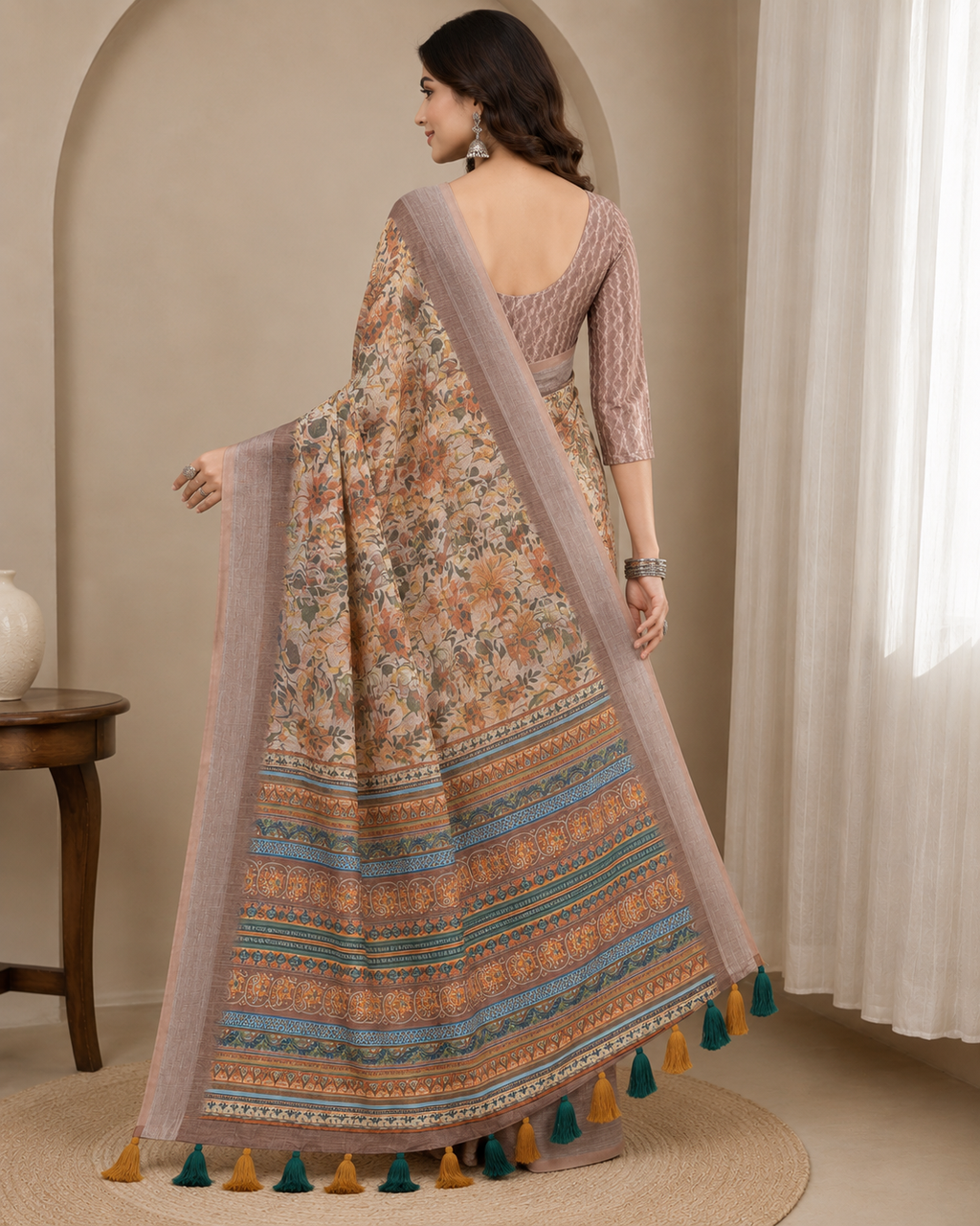 Is Beige & Brown Printed Linen Cotton Saree ke liye professional Titles, Description, aur Specifications:  Product Titles  Option 1 (Short & Catchy):  Floral Printed Linen Cotton Saree with Zari Border & Pallu Tassels