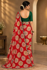 Elegant Red Soft Georgette Printed Saree with Contrast Green Border & Blouse