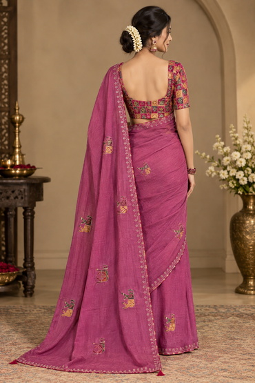 Vibrant Rani Pink Soft Chinon Silk Saree with Animal Motifs & Siroski Work