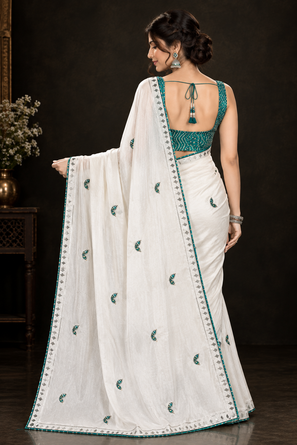 Elegant Off-White Soft Chinon Silk Saree with Teal Green Butterfly Motifs & Siroski Work