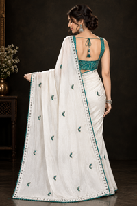 Elegant Off-White Soft Chinon Silk Saree with Teal Green Butterfly Motifs & Siroski Work