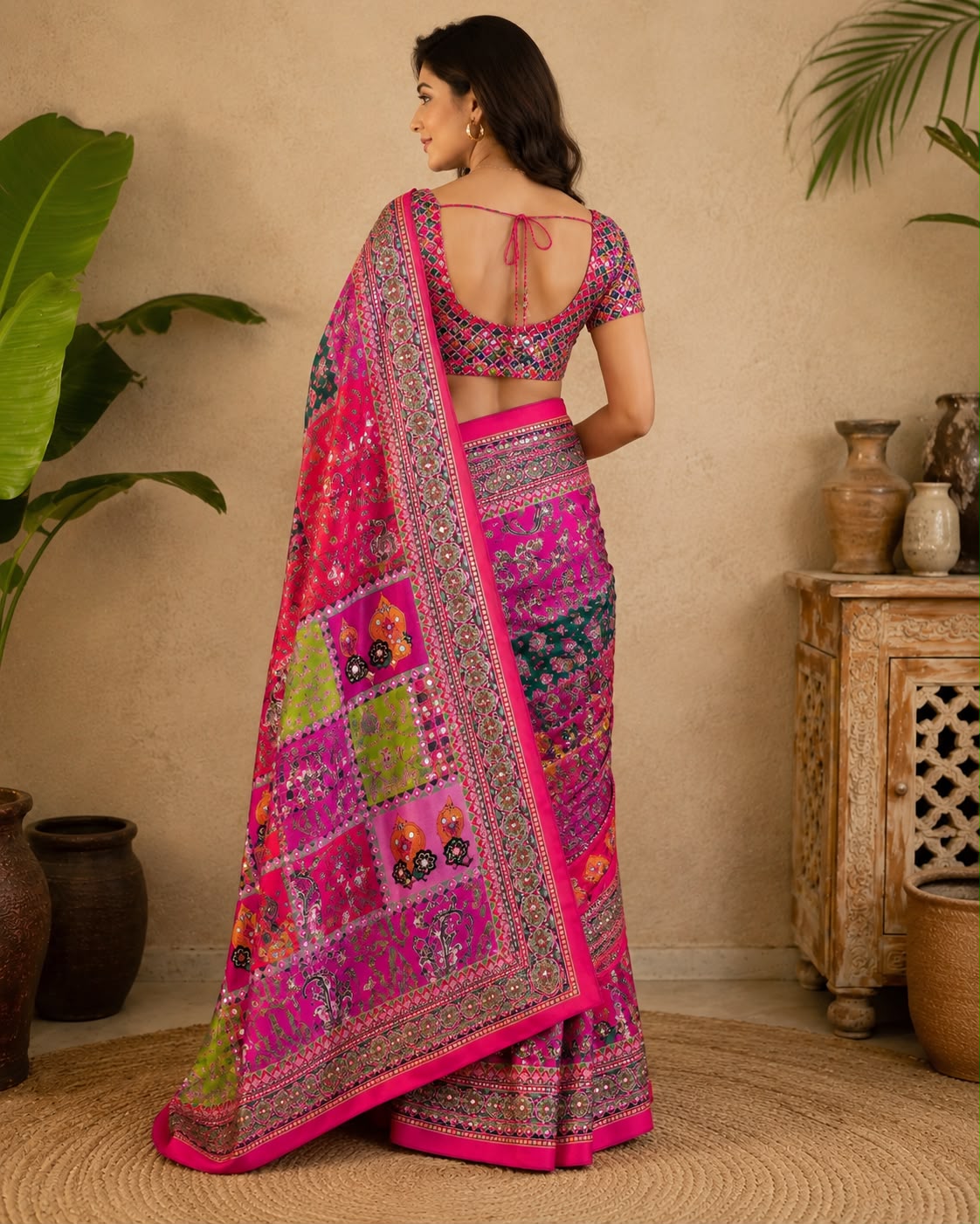 Multicolor Printed Chinon Silk Saree with Mirror Work & Pallu Tassels(Orange)