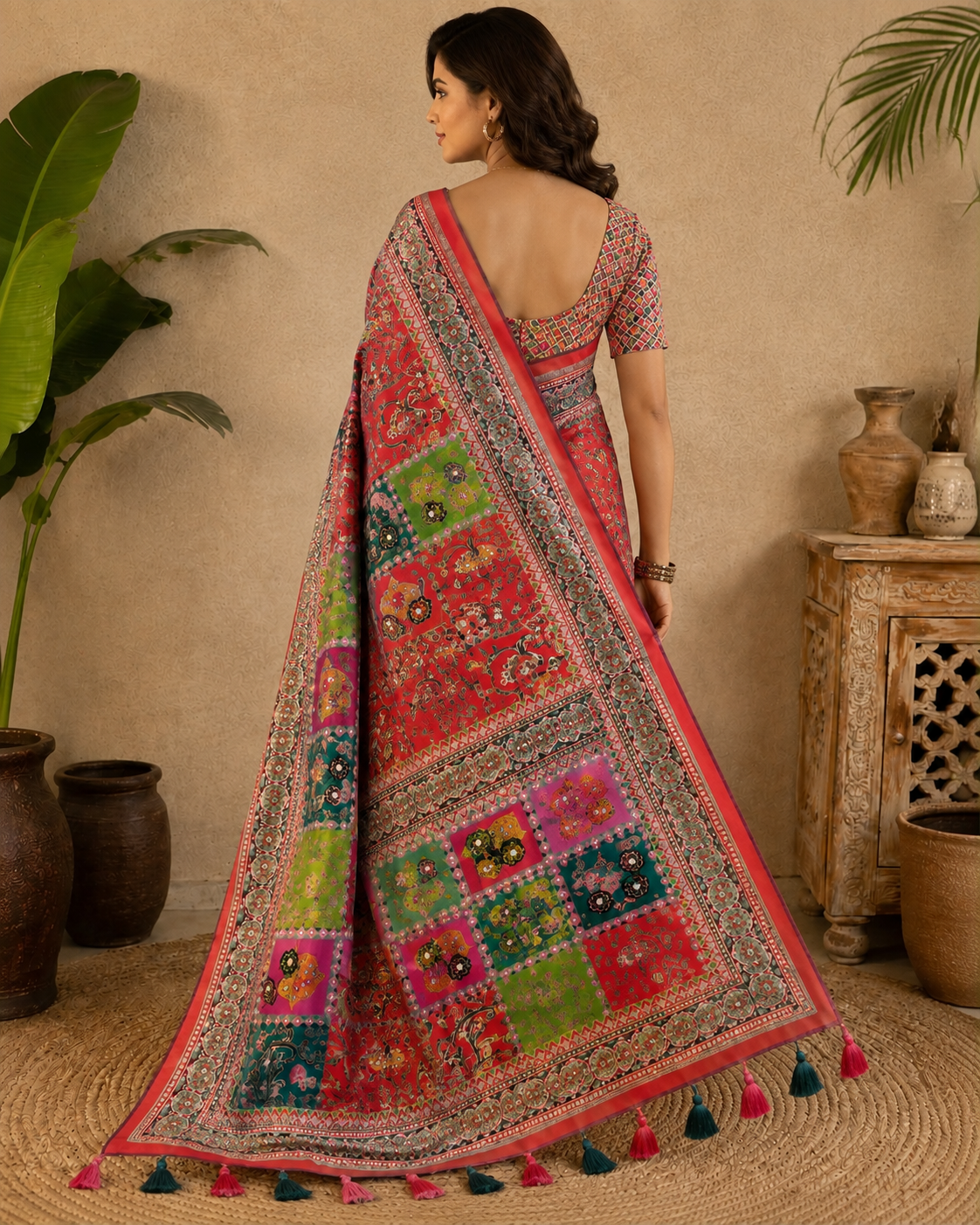 Multicolor Printed Chinon Silk Saree with Mirror Work & Pallu Tassels(Orange)