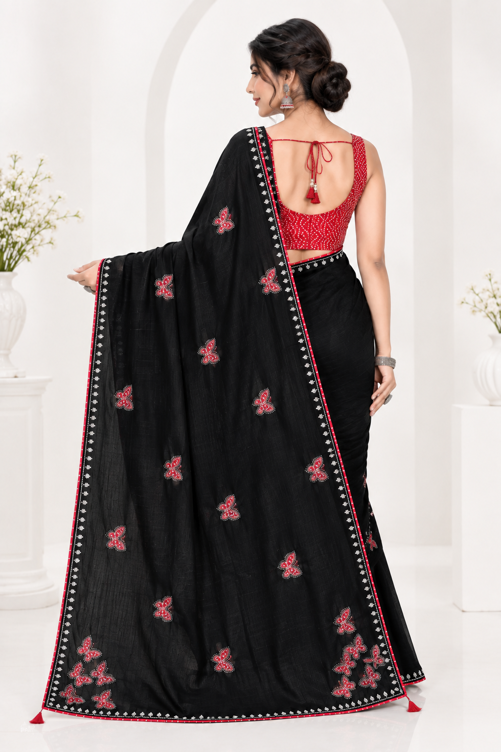 Stunning Black Soft Chinon Silk Saree with Red Butterfly Motifs & Siroski Work