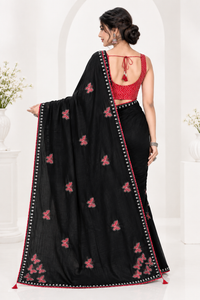 Stunning Black Soft Chinon Silk Saree with Red Butterfly Motifs & Siroski Work
