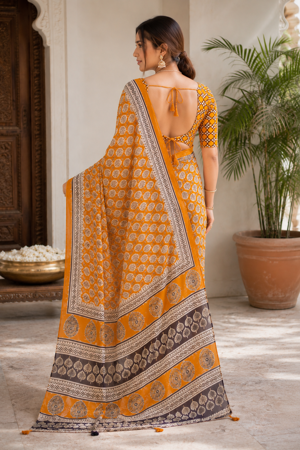 Vibrant Mustard Yellow Linen Cotton Block Print Saree with Mirror Work | Ethnic Festival & Casual Wear Saree