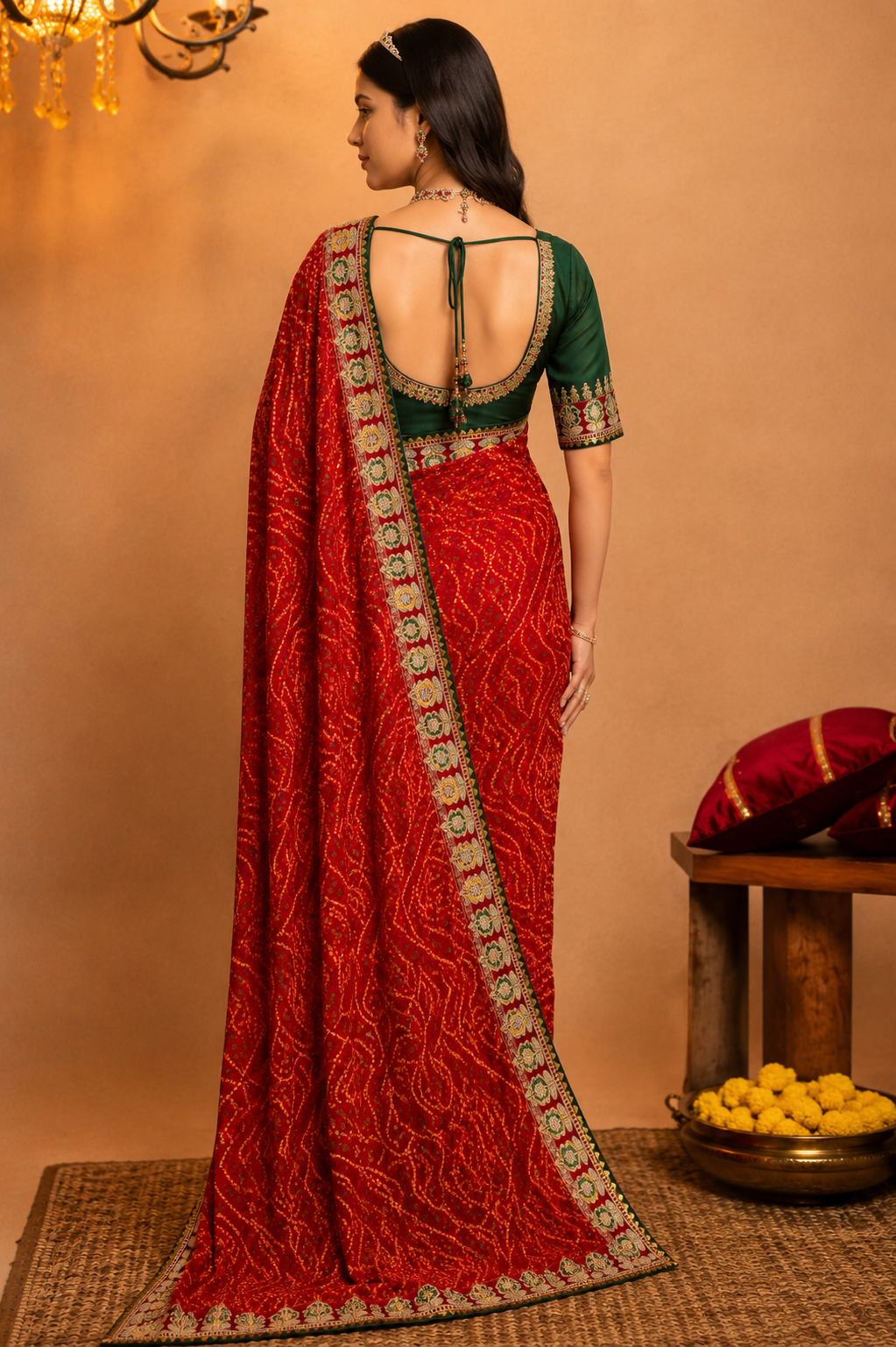 Traditional Red Georgette Bandhej Printed Saree with Designer Embroidered Border