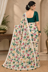 Graceful Off-White Linen Cotton Saree with Floral Floral Prints & Delicate Mirror Work