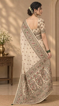 Elegant Beige Linen Cotton Saree with Traditional Floral & Peacock Kalamkari Printed Border
