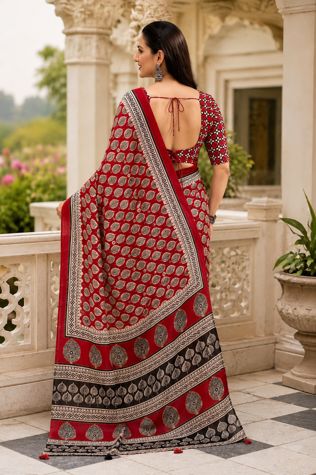 Maroon Block Print Linen Cotton Saree with Mirror Work & Pallu Tassels