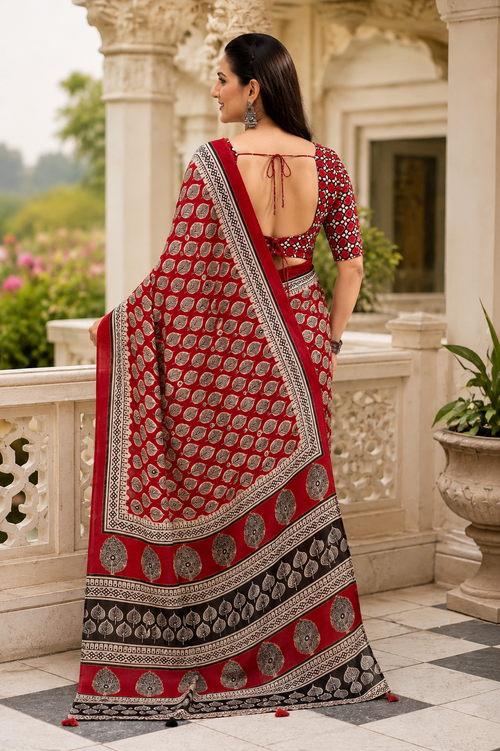 Maroon Block Print Linen Cotton Saree with Mirror Work & Pallu Tassels