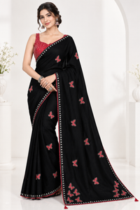Stunning Black Soft Chinon Silk Saree with Red Butterfly Motifs & Siroski Work