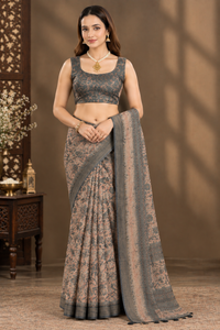Sophisticated Grey & Beige Heavy Linen Cotton Saree with Kalamkari Printed Work