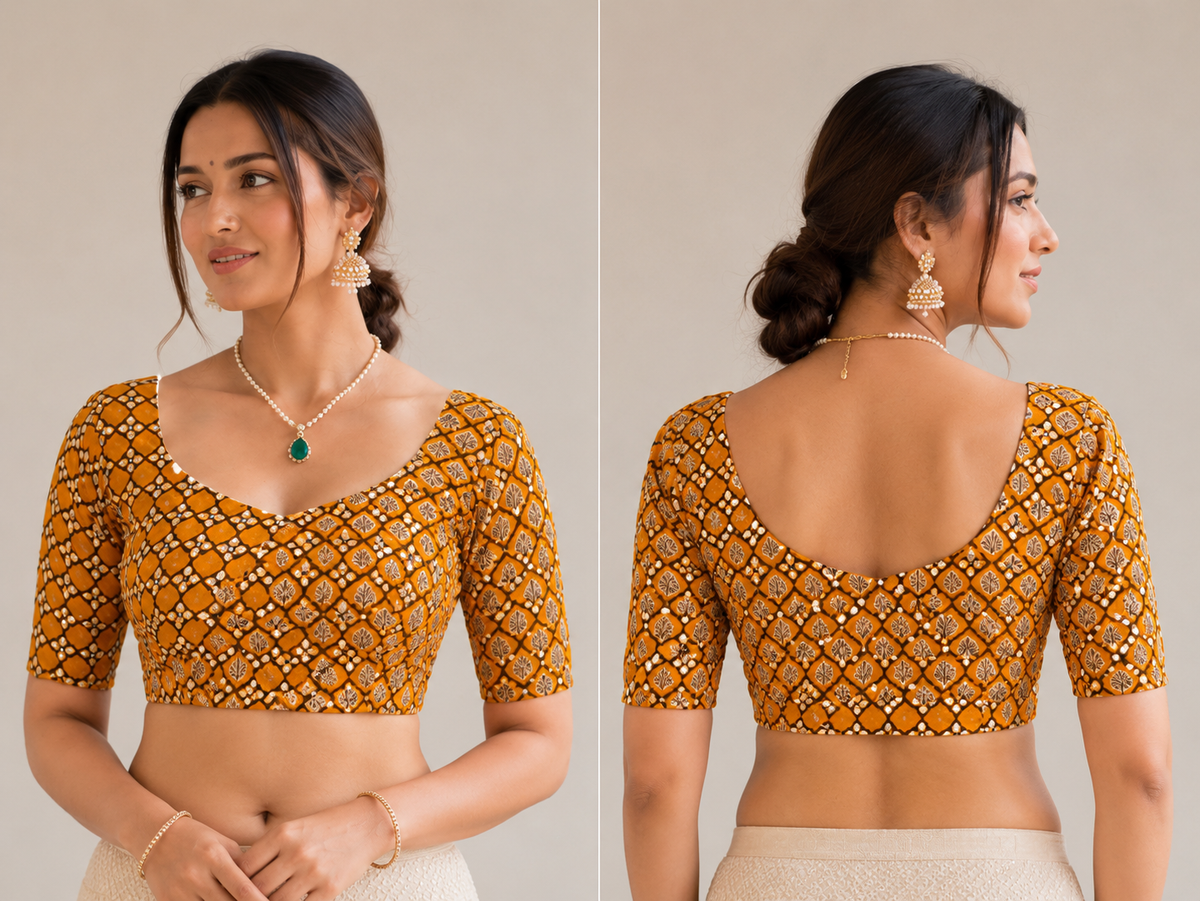 Vibrant Mustard Yellow Linen Cotton Block Print Saree with Mirror Work | Ethnic Festival & Casual Wear Saree