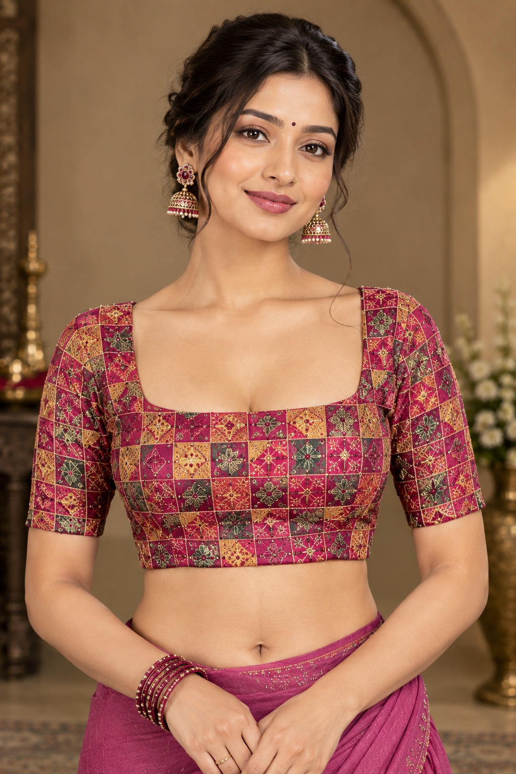 Vibrant Rani Pink Soft Chinon Silk Saree with Animal Motifs & Siroski Work