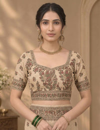 Elegant Beige Linen Cotton Saree with Traditional Floral & Peacock Kalamkari Printed Border