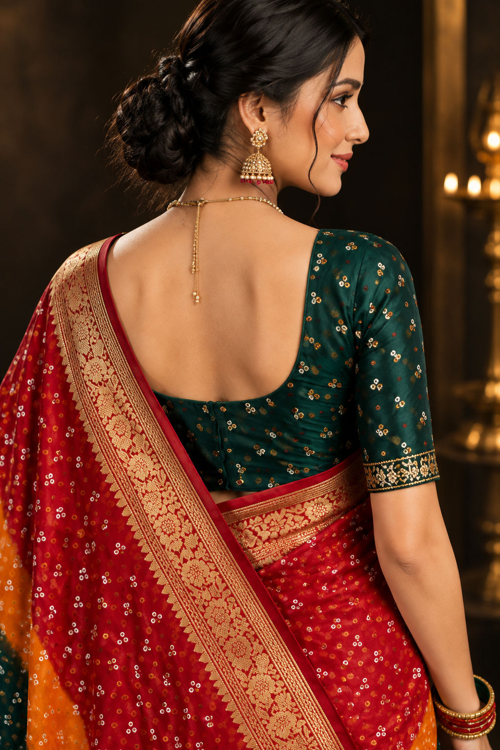 Royal Multicolor Soft Dola Art Silk Bandhani Saree with Rich Golden Zari Weaved Border & Pallu