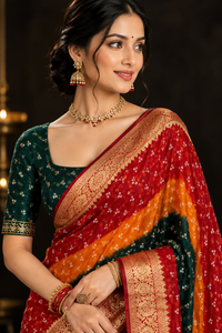 Royal Multicolor Soft Dola Art Silk Bandhani Saree with Rich Golden Zari Weaved Border & Pallu