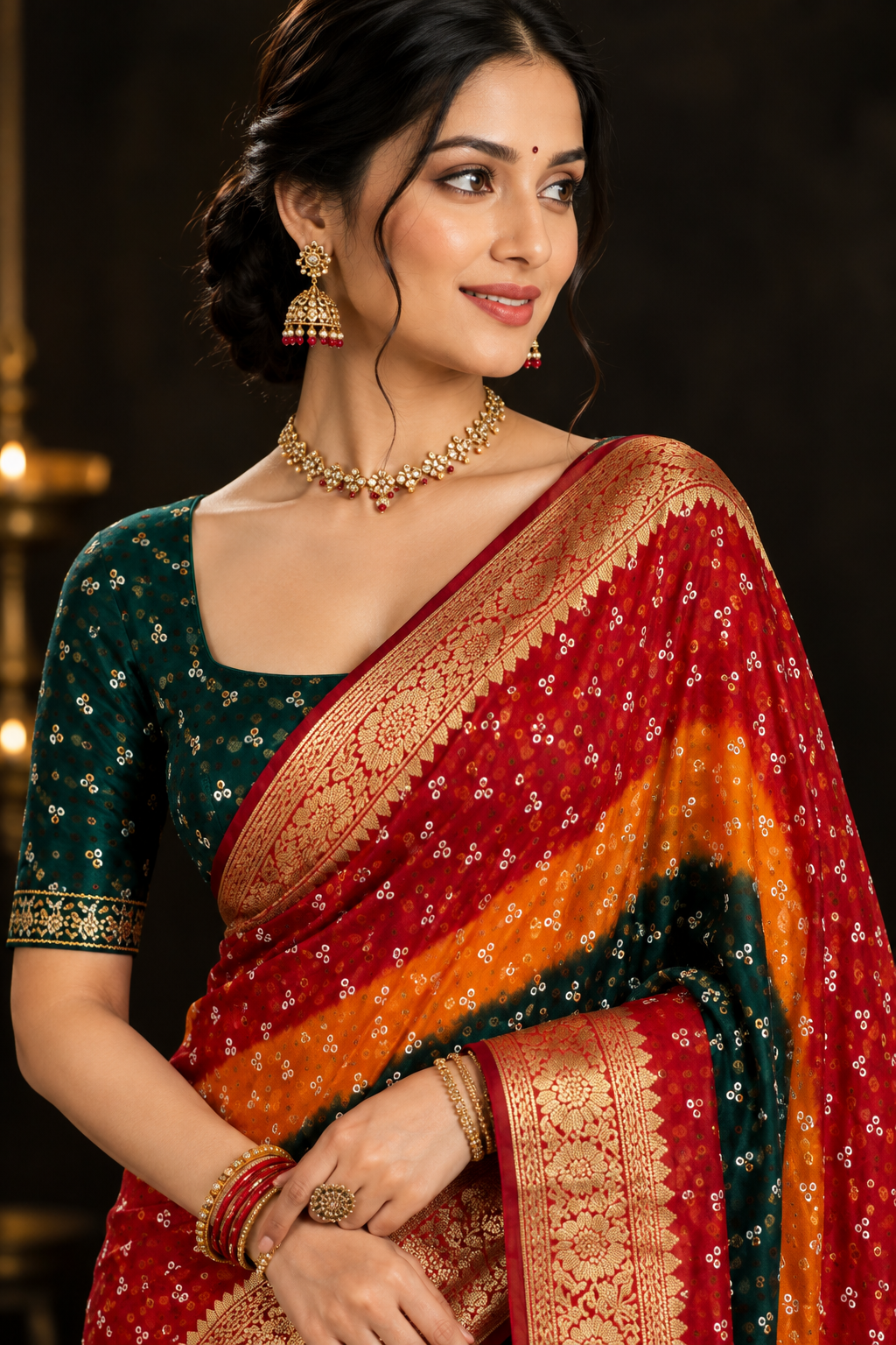 Royal Multicolor Soft Dola Art Silk Bandhani Saree with Rich Golden Zari Weaved Border & Pallu