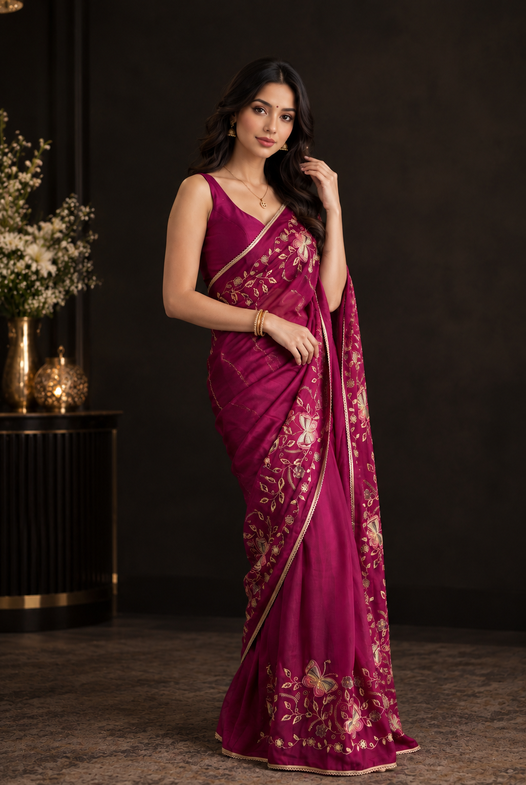 Designer Wine Magenta Soft Star Georgette Embroidery Saree for Women | Party Wear Designer Saree