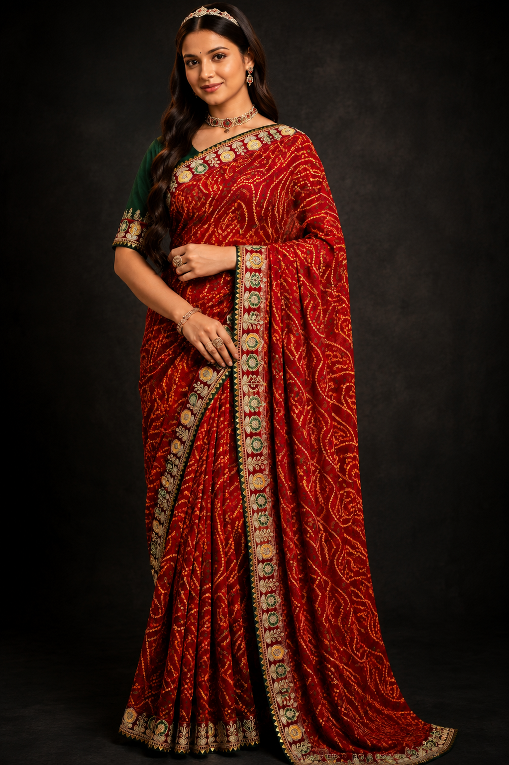 Traditional Red Georgette Bandhej Printed Saree with Designer Embroidered Border