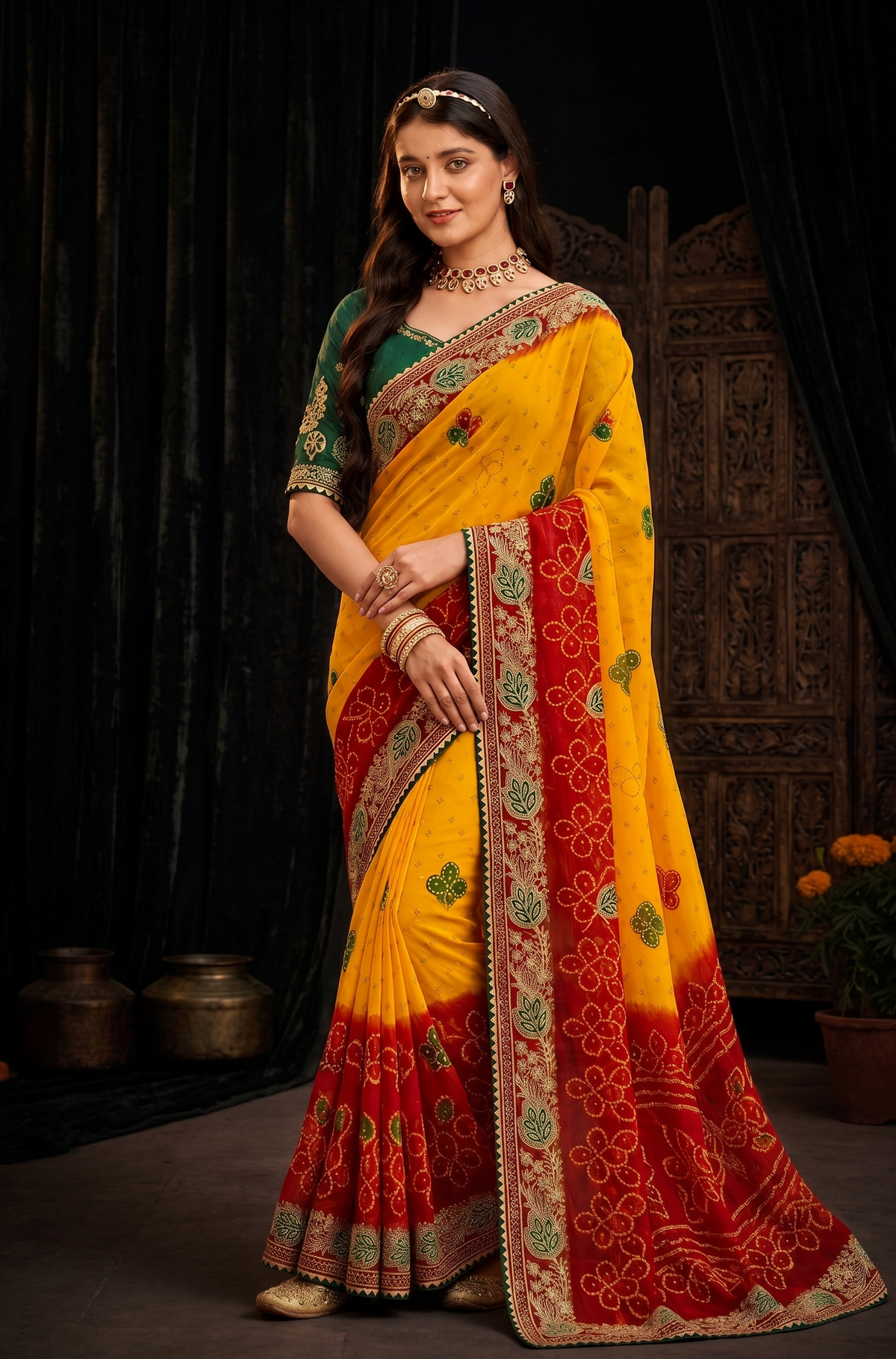 Premium Dual-Shade Soft Georgette Festive Saree with Detailed Embroidery Border for Haldi & Wedding Functions