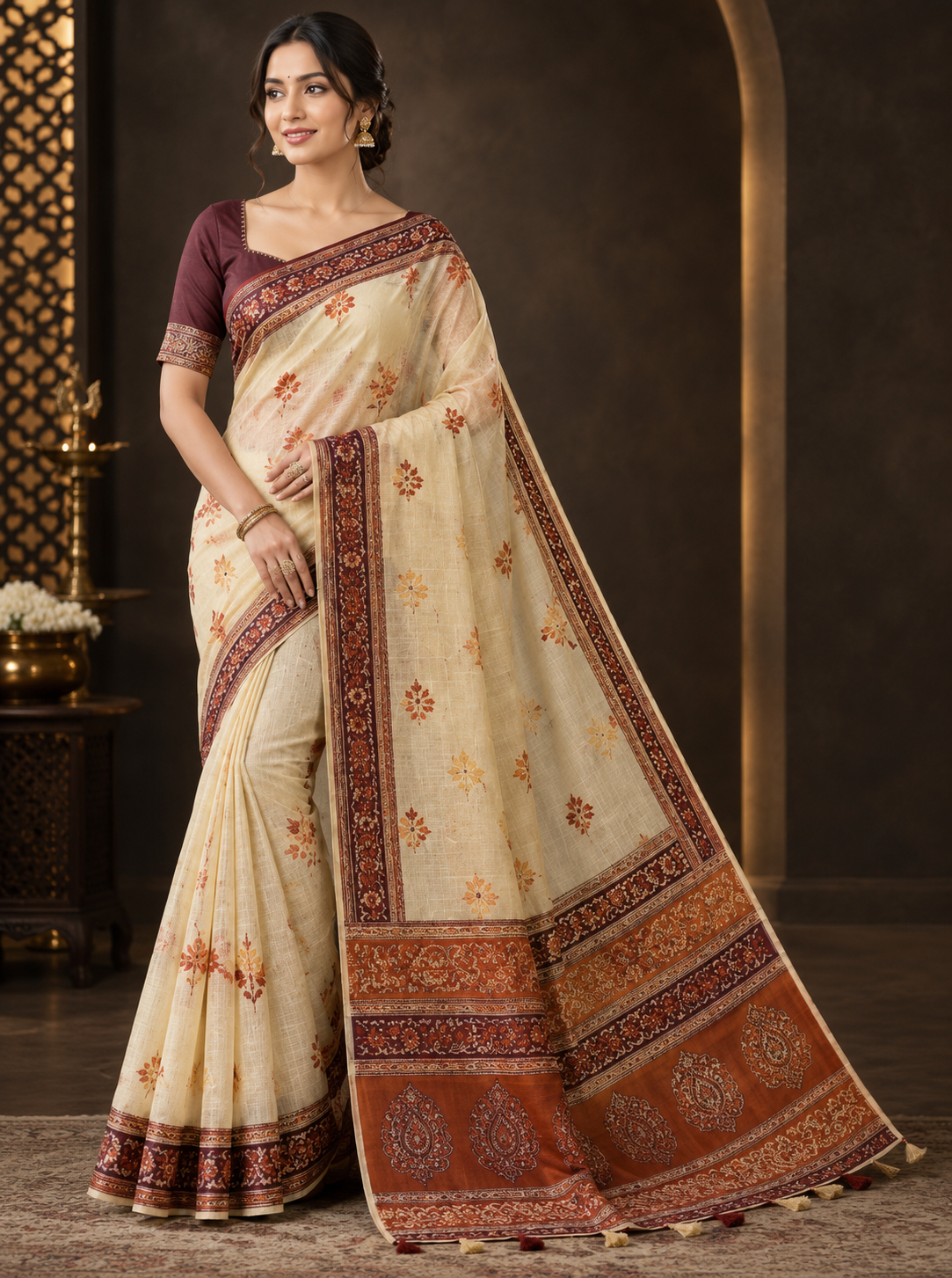Elegant Off-White & Maroon Heavy Linen Cotton Saree with Traditional Printed Border