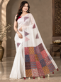 Elegant Pure White Heavy Linen Cotton Saree with Patchwork Printed Pallu & Geometric Accents