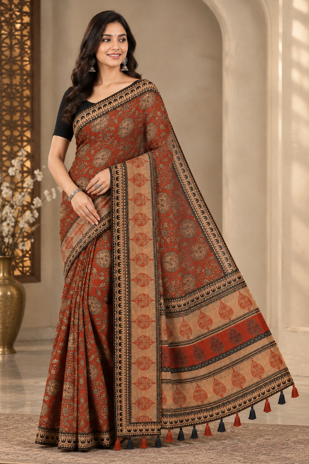 Ethnic Rust Brown Heavy Linen Cotton Saree with Kalamkari Printed Motif & Contrast Border