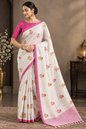 Graceful Off-White & Pink Heavy Linen Cotton Saree with Floral Printed Motifs