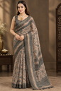 Sophisticated Grey & Beige Heavy Linen Cotton Saree with Kalamkari Printed Work